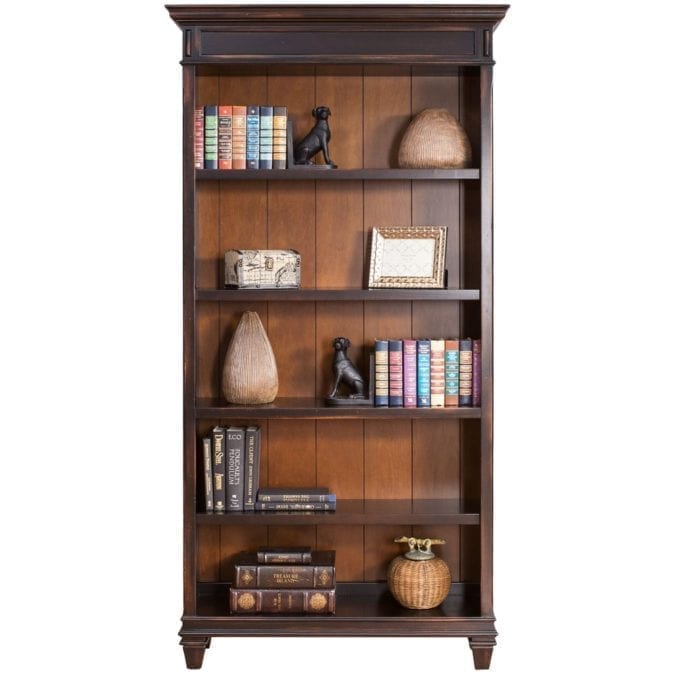 Rumson Bookcase In Black With Wood Plank Back
