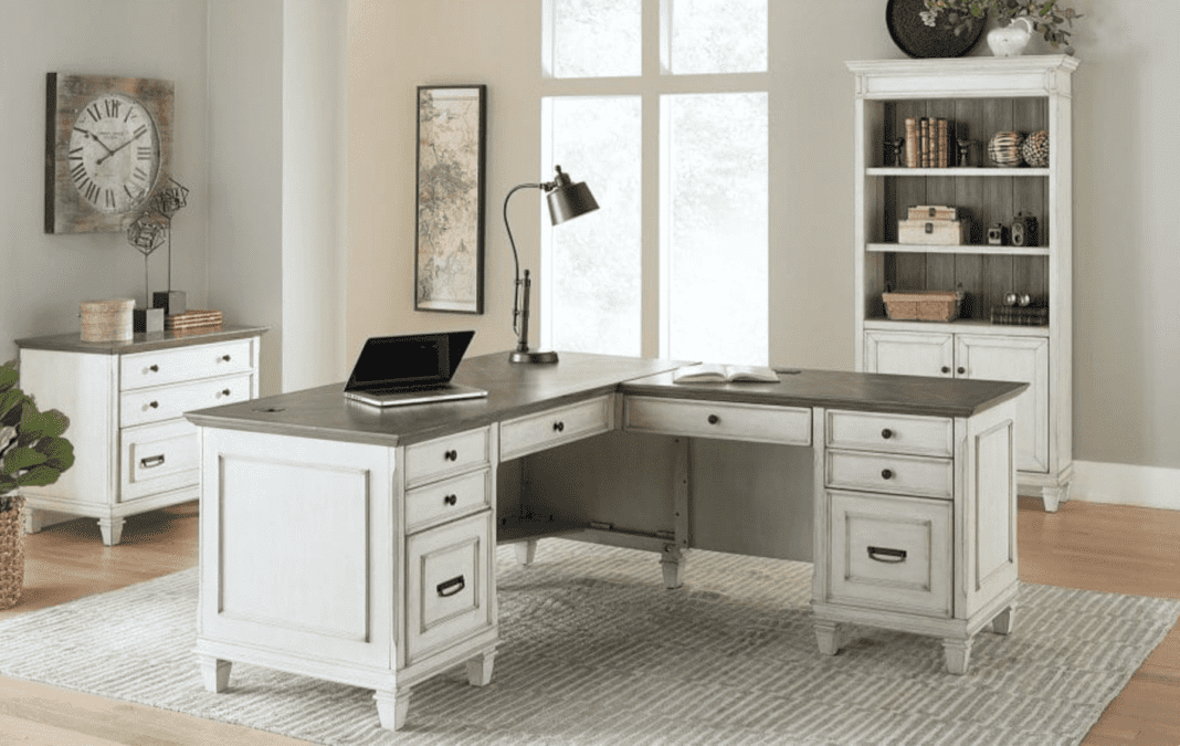 Rumson L-Shape Desk In Linen & Grey Wood