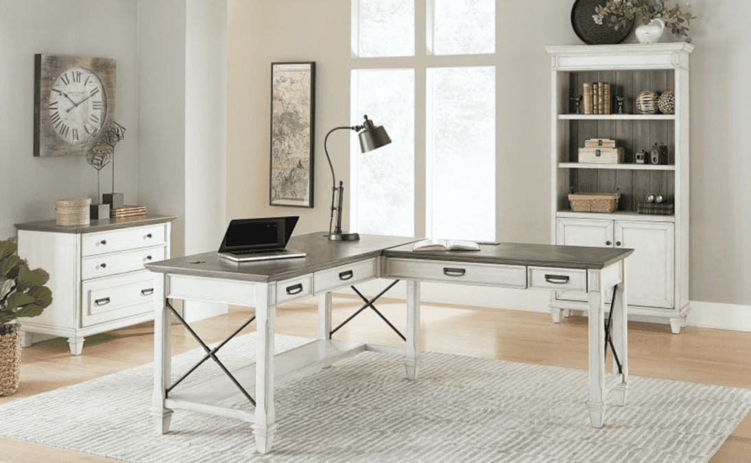 Rumson Open L-Shape Desk In Linen & Grey Wood