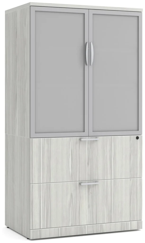 BROOKLYN LAMINATE 2 DRAWER LATERAL FILE WITH STORAGE CABINET GLASS DOORS - Silver Birchwood